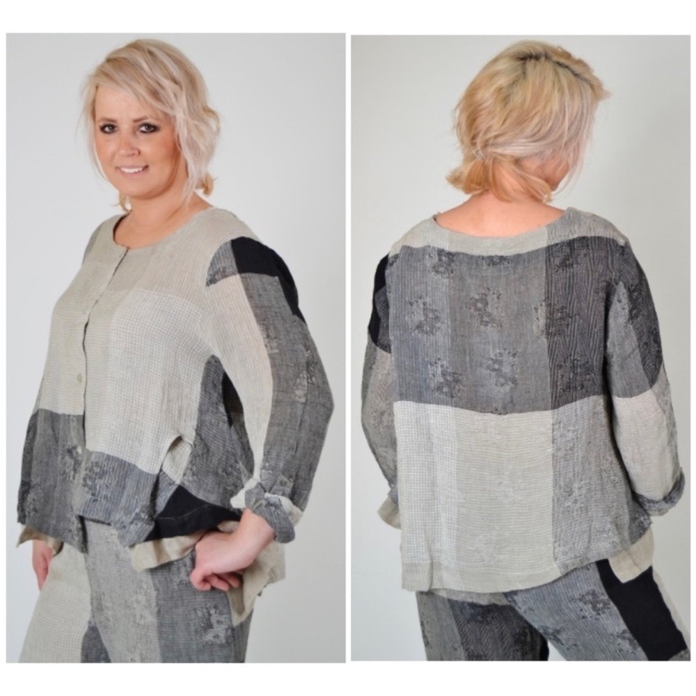 Banana Blue Linen Patchwork Tempest Oversized Jacket sz M